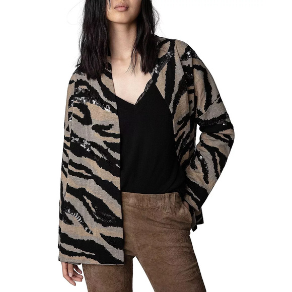 Zadig & Voltaire Maya We Tiger Coat Wool Cardigan Stripes & Sequins Cognac XS/S - Picture 1 of 7